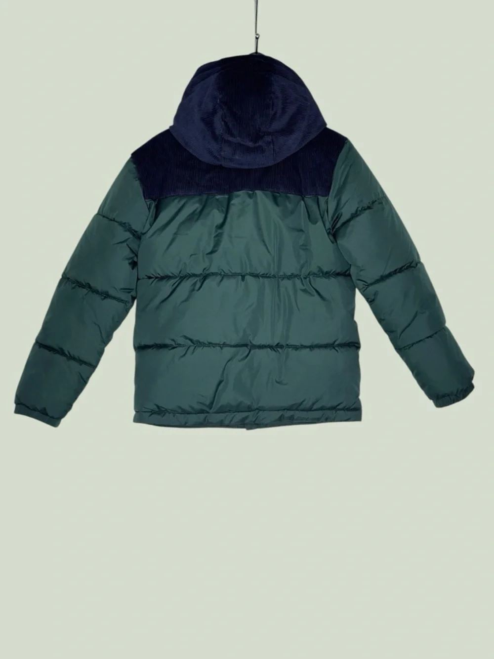 Old Navy Green Puffer Jacket with Navy Corduroy Yoke and Hood Boys XL 14-16
